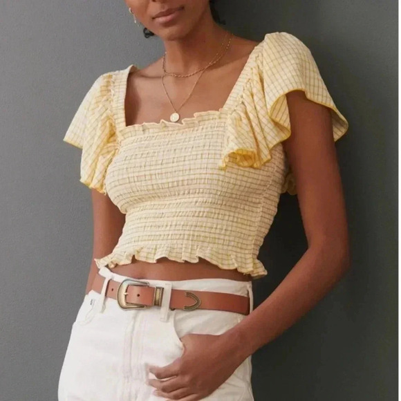 ANTHROPOLOGIE Maeve‎ crinkle gingham smocked top ruffle details Size L - Picture 1 of 11